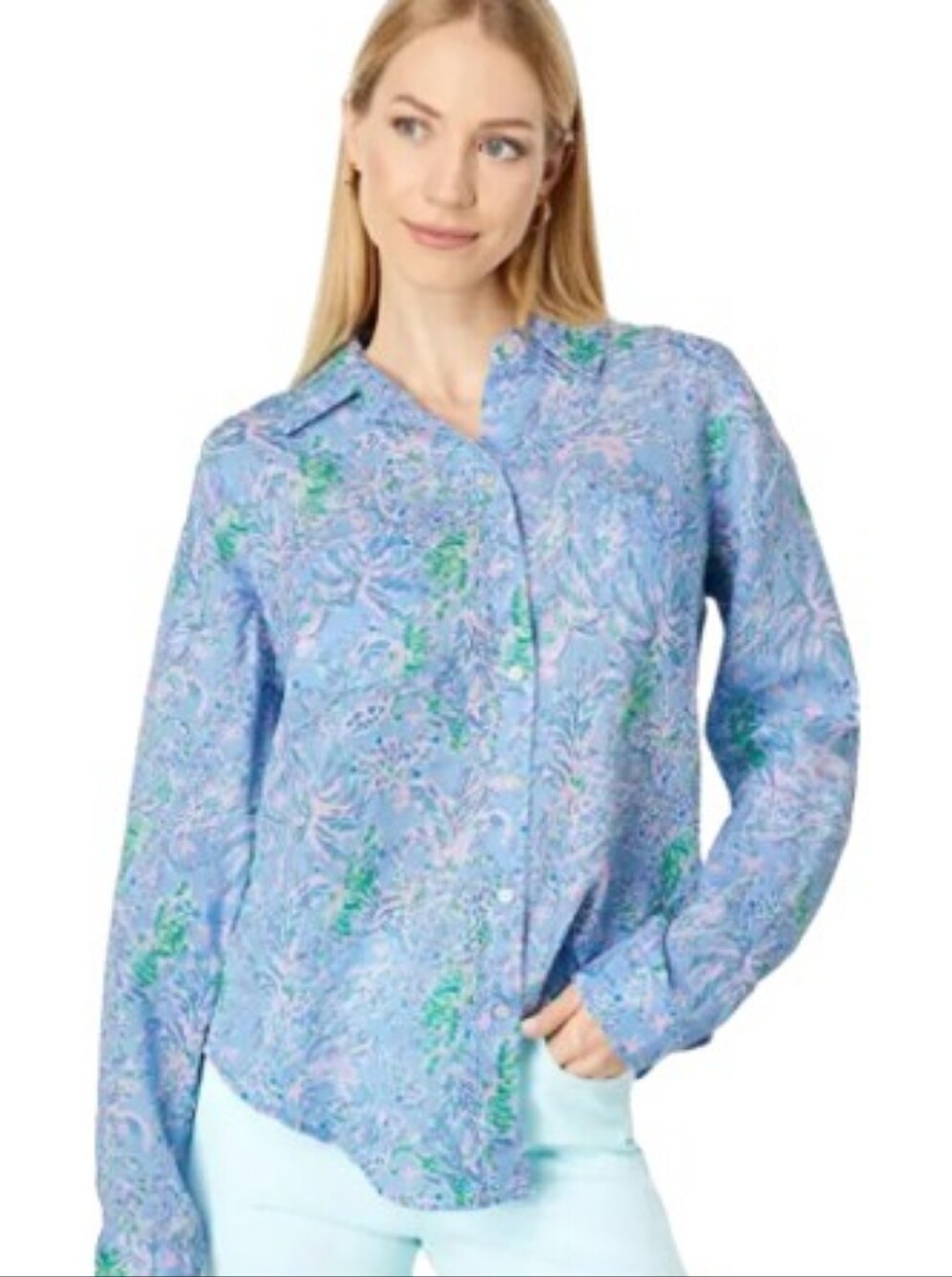 Lilly Pulitzer SEA VIEW BUTTON DOWN TOP Shirt Line Blue Peri The Turtle Green S